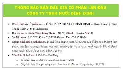 Thông báo bán đấu giá cổ phần lần đầu Công ty TNHH Muối Bình Định