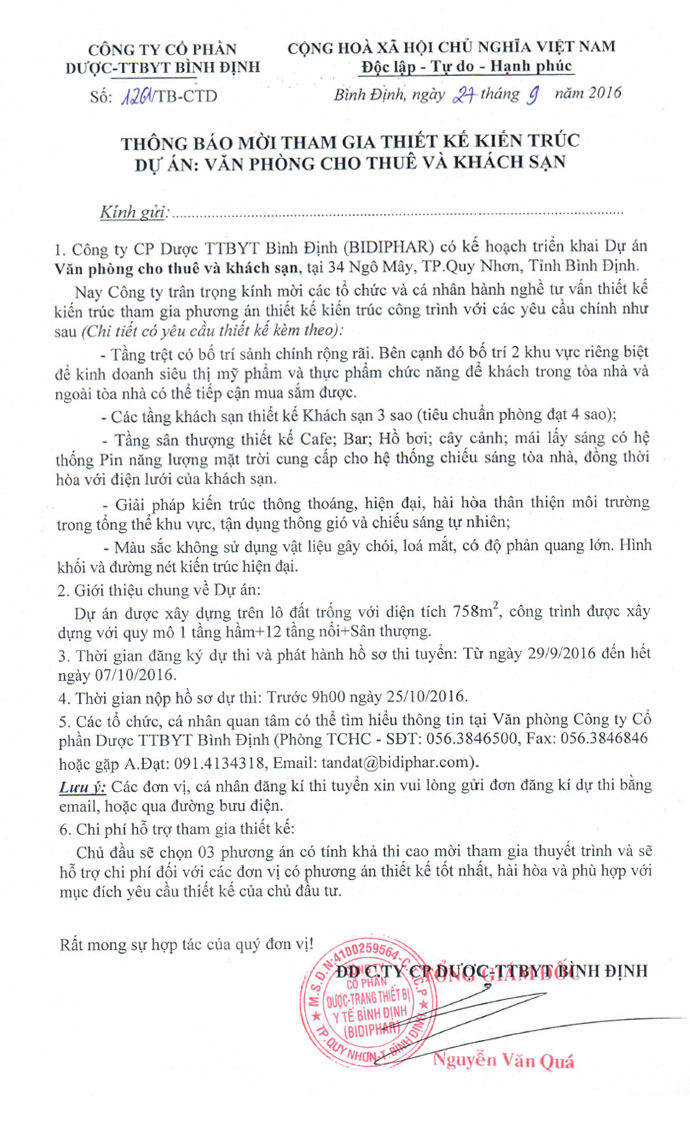 THÔNG BÁO MỜI THAM GIA THIẾT KẾ KIẾN TRÚC DỰ ÁN: VĂN PHÒNG CHO THUÊ VÀ KHÁCH SẠN