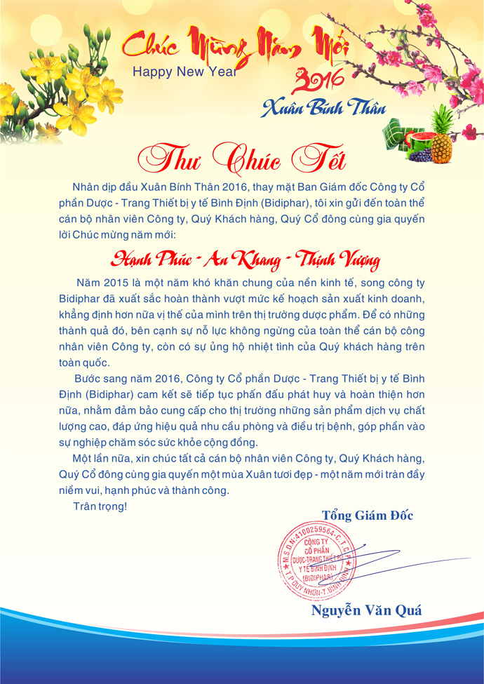 Thư chúc tết Xuân Bính Thân 2016