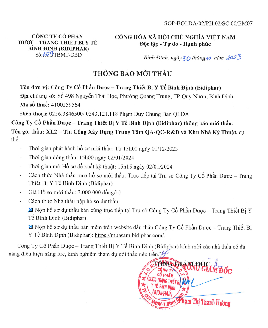 Mời thầu: XL2 - THI CÔNG XÂY DỰNG TRUNG TÂM QA-QX-R&D VÀ KHU NHÀ KỸ THUẬT THUỘC DỰ ÁN NHÀ MÁY THUỐC VÔ TRÙNG THỂ TÍCH NHỎ