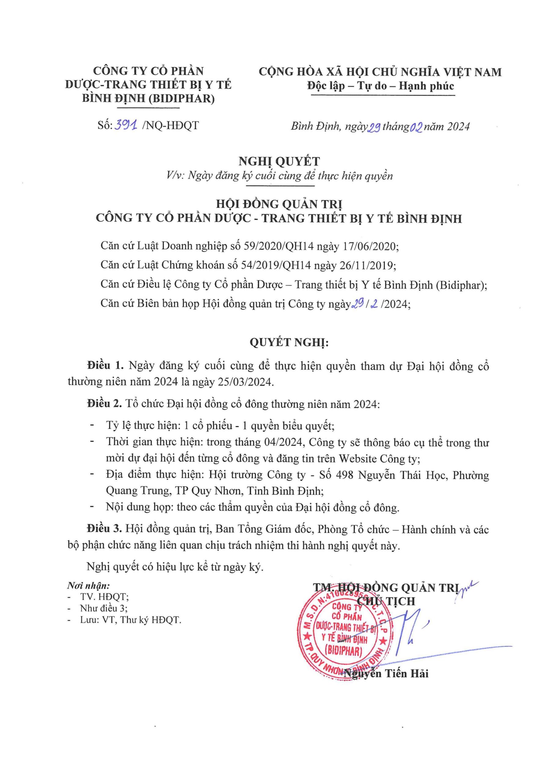 Nghị quyết Hội Đồng Quản Trị về việc: Ngày đăng ký cuối cùng để thực hiện quyền