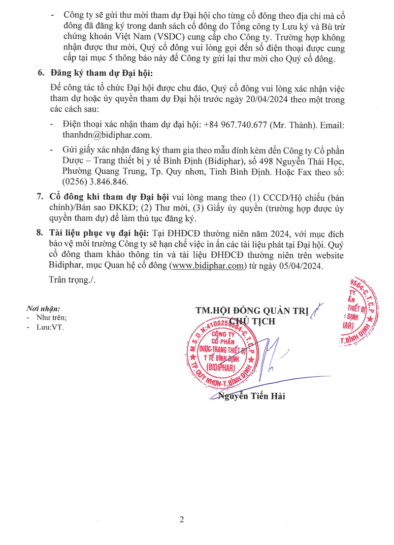 Thông báo Thời gian tổ chức và tài liệu ĐHĐCĐ thường niên 2024