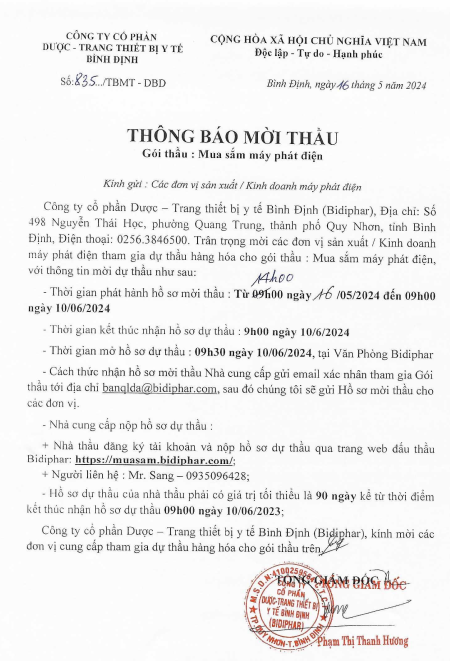 Thông tin gói thầu : Mua sắm máy phát điện